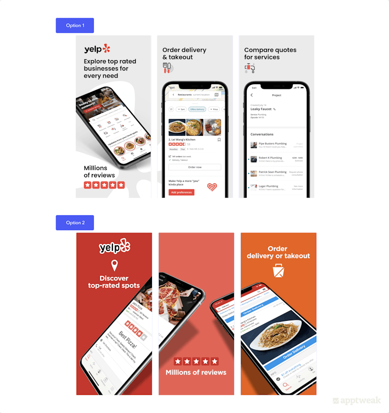 Yelp could run an A/B test to better understand the screenshot variant that leads to more conversion